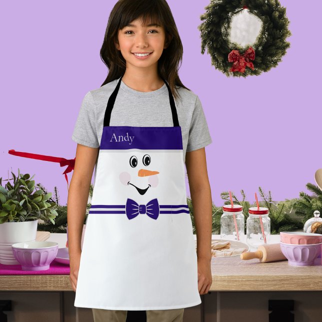 Modern Cute Custom Snowman Face Blue Bowtie Apron (Creator Uploaded)