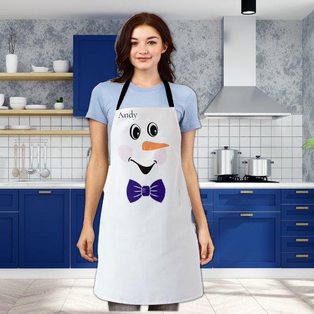 Modern Cute Custom Snowman Face Blue Bowtie Apron (Creator Uploaded)