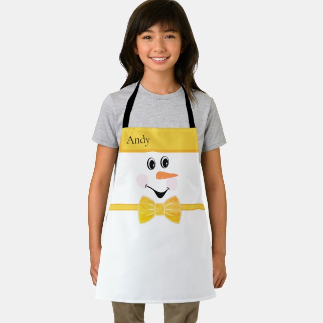 Modern Cute Custom Snowman face Yellow Gold Bow  Apron (Insitu)