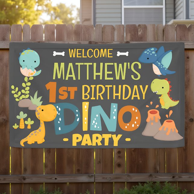 Modern Cute Dino Dinosaur Kid's Birthday Party Banner (Creator Uploaded)