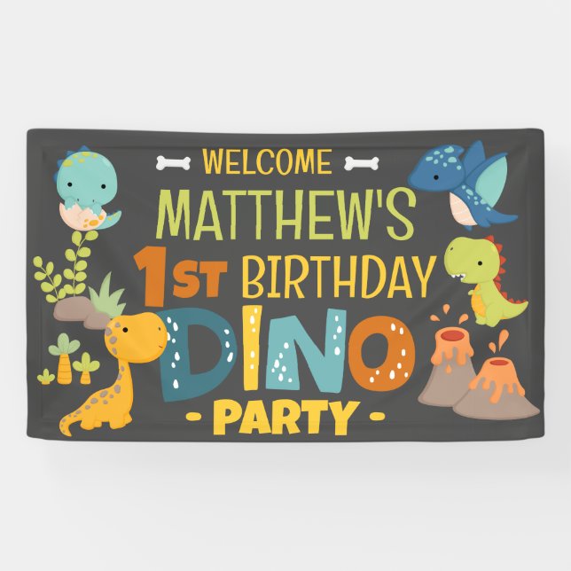 Modern Cute Dino Dinosaur Kid's Birthday Party Banner (Horizontal)