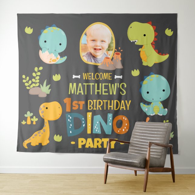 Modern Cute Dino Dinosaur Kid's Birthday Party Tapestry (In Situ (Horizontal))