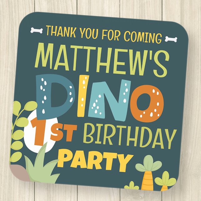Modern Cute Dino Dinosaur Kid's Birthday Thank You Square Sticker (Creator Uploaded)