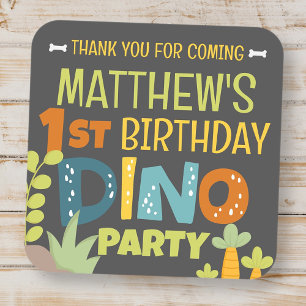 Modern Cute Dino Dinosaur Kid's Birthday Thank You Square Sticker