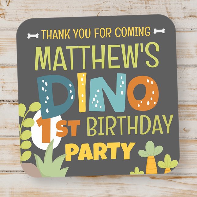 Modern Cute Dino Dinosaur Kid's Birthday Thank You Square Sticker (Creator Uploaded)