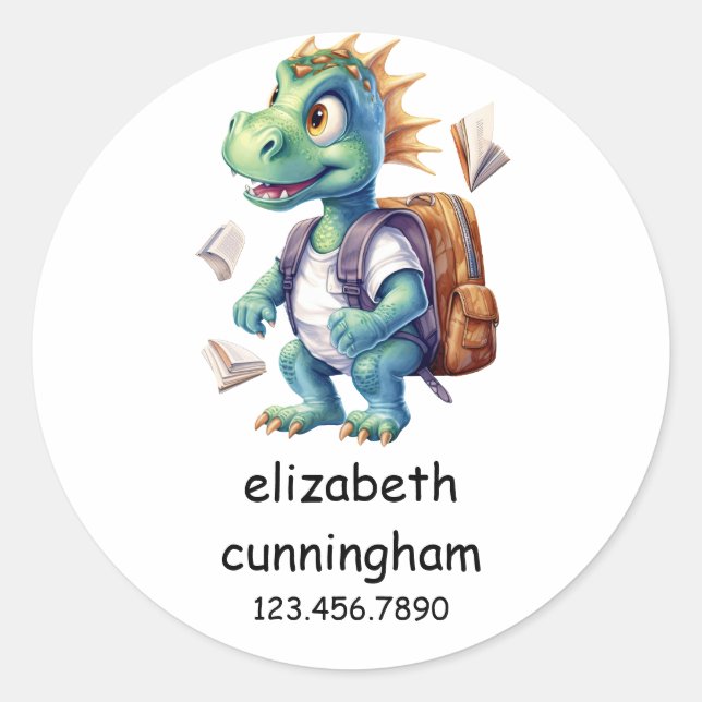 Modern Cute Dinosaur Back to School Name  Classic Round Sticker (Front)