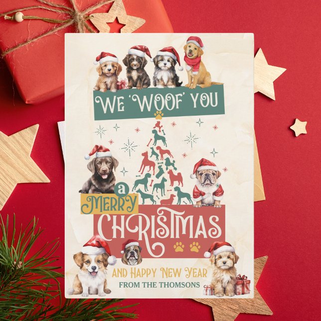 Modern Cute Dog We Woof You A Merry Christmas Holiday Card (Creator Uploaded)
