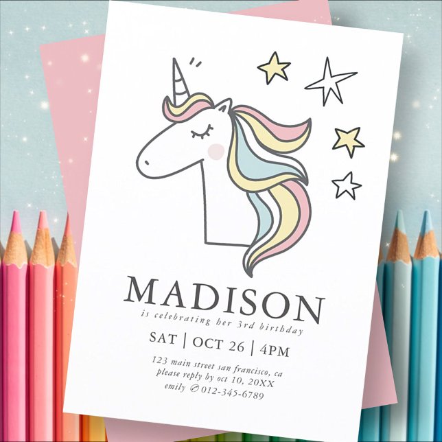 Modern Cute Doodle Unicorn Stars Birthday Invitation (Creator Uploaded)