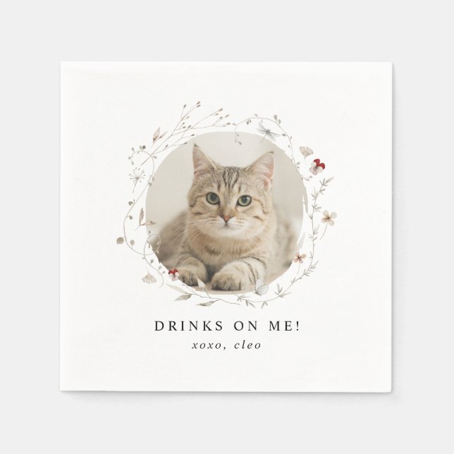 Modern Cute Drinks on Me Pet Photo Wedding Napkin (Front)