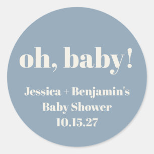 Modern Cute Dusty Blue Baby Shower Custom Name Classic Round Sticker
