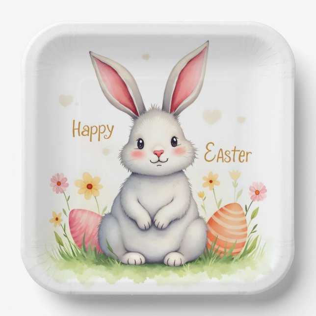 Modern Cute Easter Bunny And Eggs Collection Paper Plate (Front)