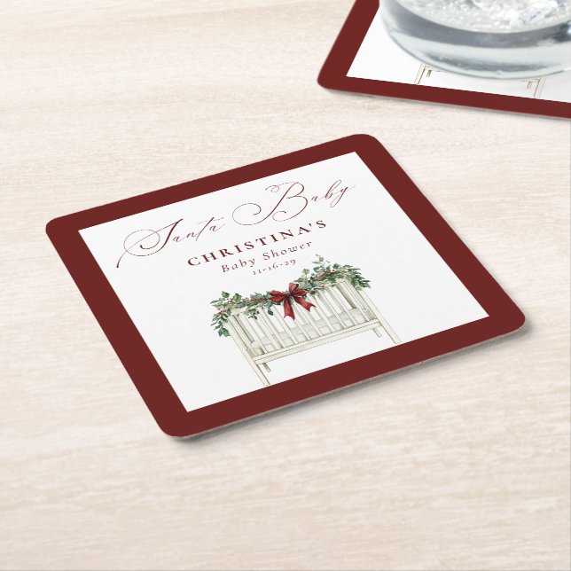Modern Cute Elegant Santa Baby Baby Shower  Square Paper Coaster (Angled)