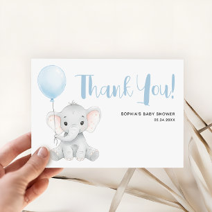 Modern Cute Elephant Soft Blue Baby Shower Thank You Card