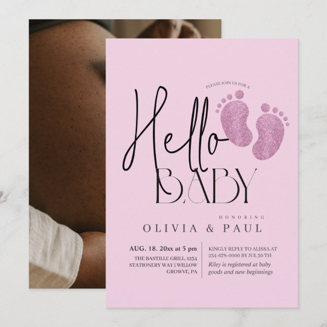 Modern & cute Feet Glitter Baby Girl Shower  Invitation (Front/Back)