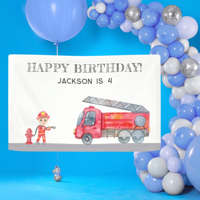 Modern Cute Fireman Firetruck Boys birthday Party Banner (Modern Cute Fireman Firetruck Boys birthday Party Banner cute firefighter birthday)