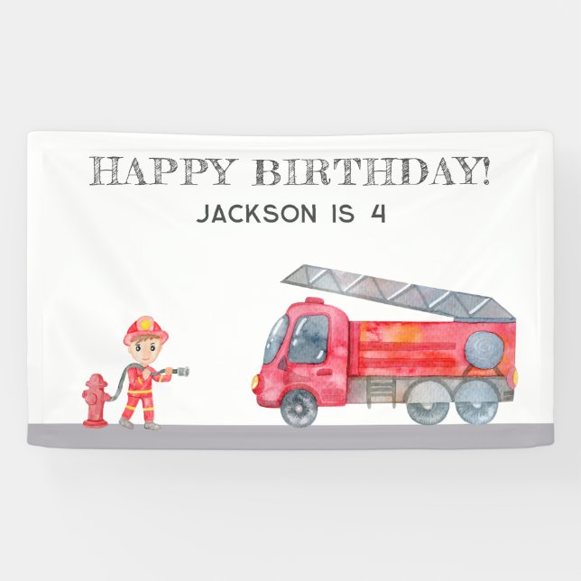 Modern Cute Fireman Simple Boys birthday Party Banner (Horizontal)