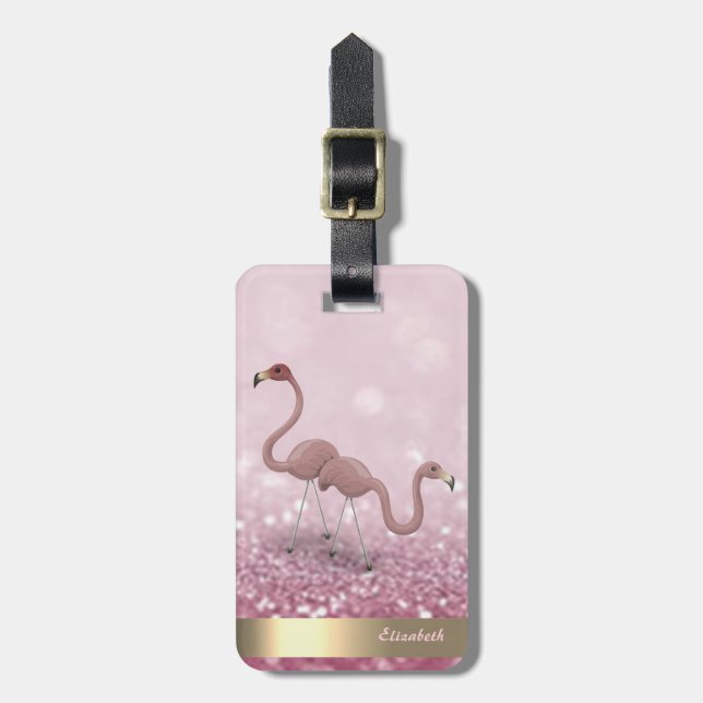 Modern Cute Flamingos Glitter Bokeh - Personalised Luggage Tag (Front Vertical)