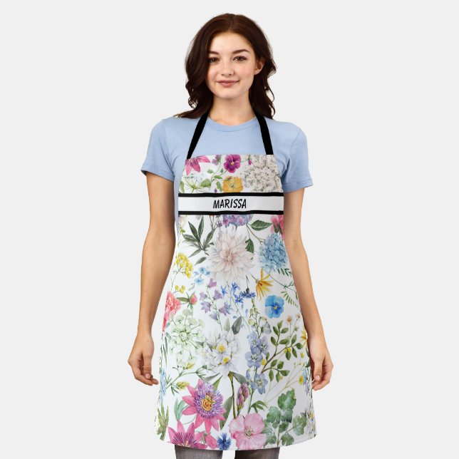 Modern Cute Floral Customisable Name  Apron (Worn)