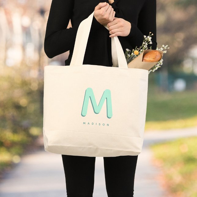 Modern Cute Fun Custom Name 3D Monogram Large Tote Bag (Creator Uploaded)