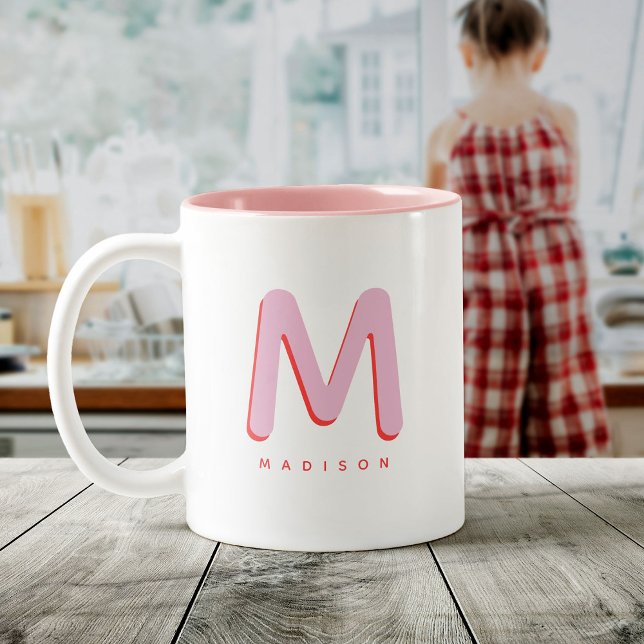 Modern Cute Fun Custom Name 3D Monogram  Two-Tone Coffee Mug (Creator Uploaded)