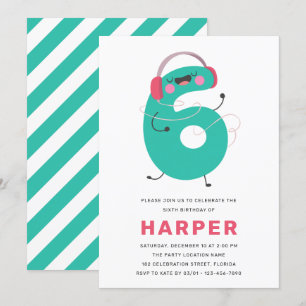 Modern Cute Fun Kids 6th Birthday Invitation