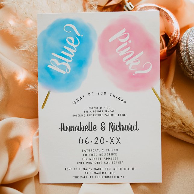 Modern cute gender reveal blue pink cotton candy invitation (Modern cute gender reveal blue pink cotton candy invitation)