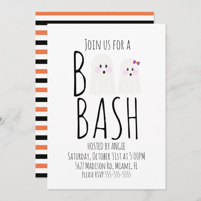 Modern Cute Ghost Boo Halloween Bash Invitation (Front/Back)