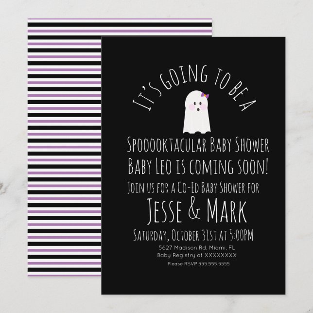 Modern Cute Ghost Ghoul Baby Shower Stripes Invitation (Front/Back)