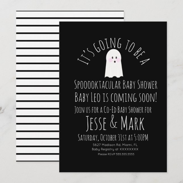 Modern Cute Ghost Ghoul Baby Shower Stripes Invitation (Front/Back)