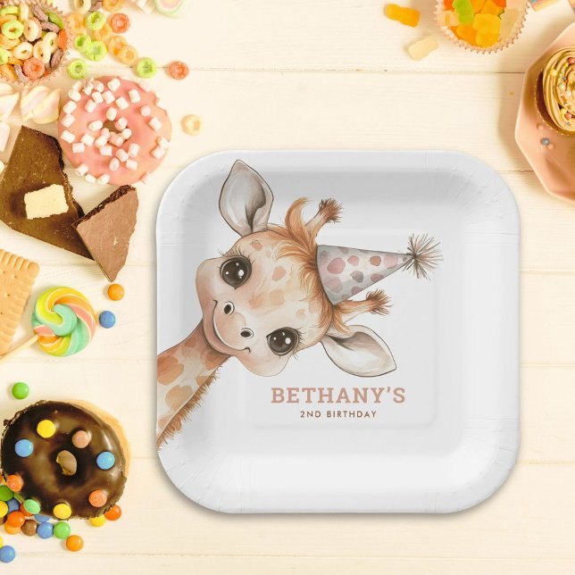 Modern Cute Giraffe Name 2nd Birthday Party Paper Plate (Creator Uploaded)