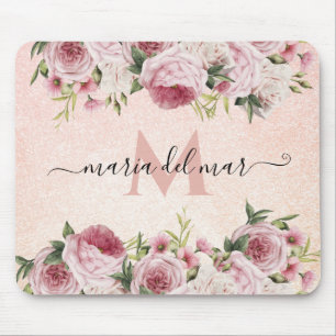 Modern cute girly Pink Glitter Rose Gold floral Mouse Mat