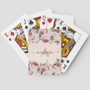 Modern cute girly Pink Glitter Rose Gold floral Playing Cards
