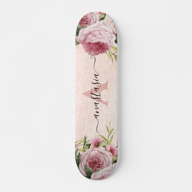 Modern cute girly Pink Glitter Rose Gold floral Skateboard (Front)