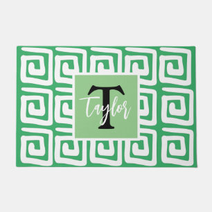 Modern cute green greek key pattern monogrammed doormat