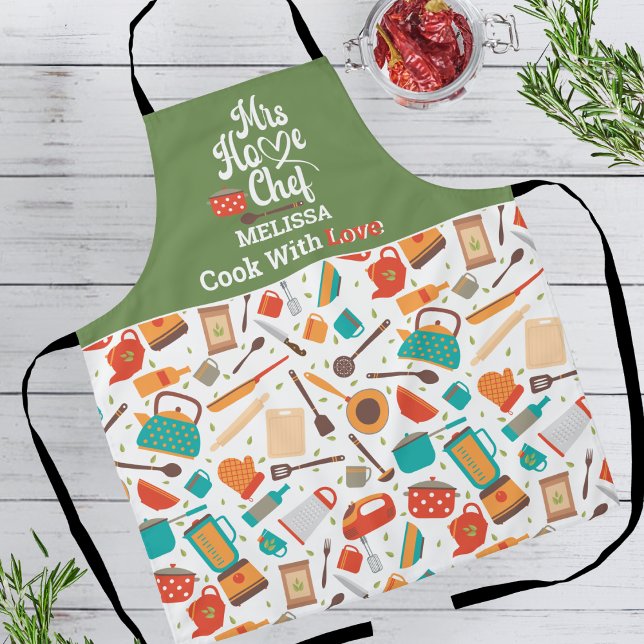 Modern Cute Green Kitchen Tools Cooking Utensils  Apron (Creator Uploaded)