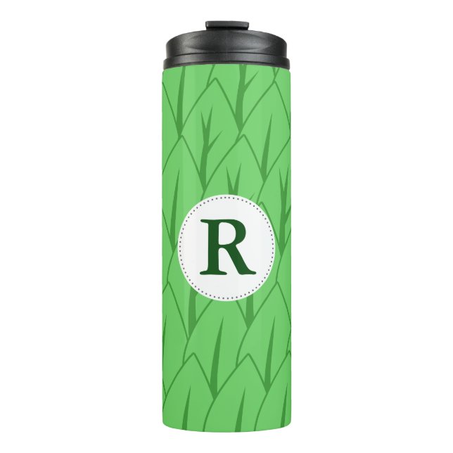 Modern Cute Green Leaves Monogram Thermal Tumbler (Front)