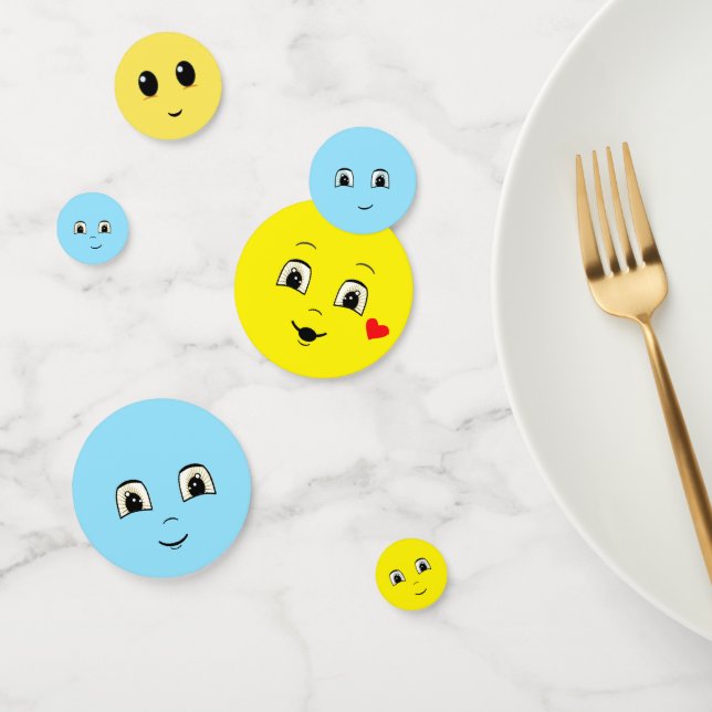 Modern Cute Happy Faces in Light Blue & Yellow Confetti (Group)