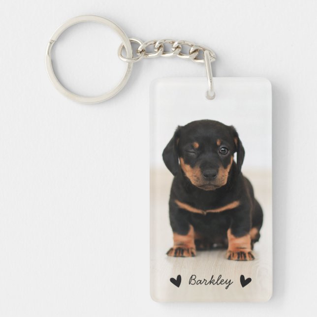 Modern Cute Hearts Personalised Two Photo | Black Key Ring (Front)