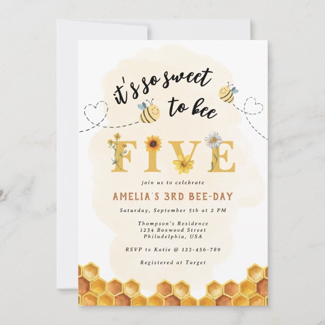 Modern Cute It’s so sweet to bee Five birthday Invitation (Front)