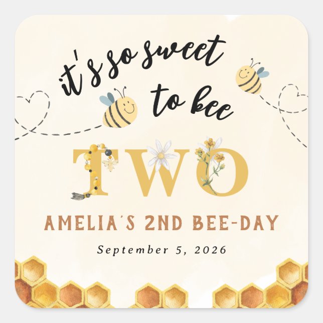 Modern Cute It’s so sweet to bee second birthday Square Sticker (Front)