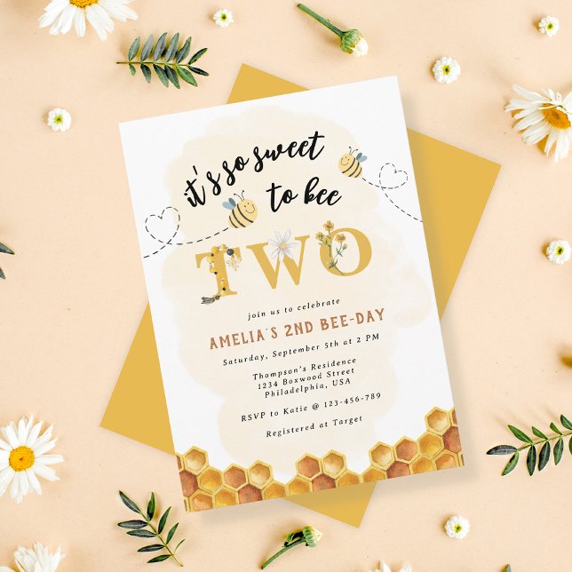 Modern Cute It’s so sweet to bee two 2nd birthday Invitation (Creator Uploaded)