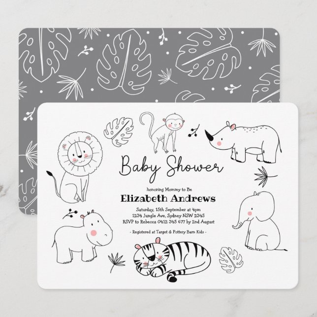 Modern Cute Jungle Safari Animals Baby Shower Invitation (Front/Back)