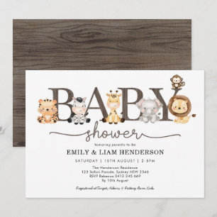 Modern Cute Jungle Safari Wild Animals Baby Shower Invitation