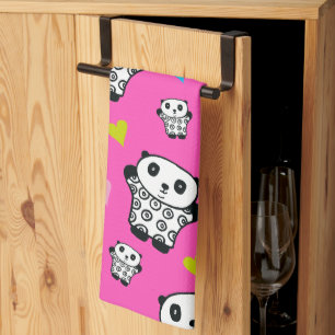 Modern Cute Kawaii Panda Pink Hearts Tea Towel