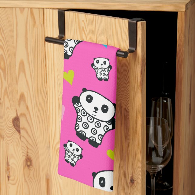 Modern Cute Kawaii Panda Pink Hearts Tea Towel (Thirds Fold)