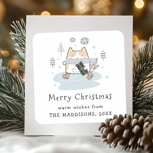 Modern Cute Kawaii Skating Cat Christmas Greetings Square Sticker