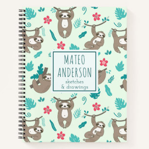 Modern Cute Kawaii Sloths Personalised Name Notebook