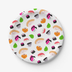 modern cute kawaii sushi pastel cartoon pattern paper plate