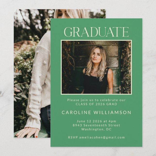 Modern Cute Kelly Green Two Photo Graduation Party Invitation (Front/Back)