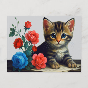 Modern Cute Kitten Portrait Colourful Flowers Kitt Holiday Postcard